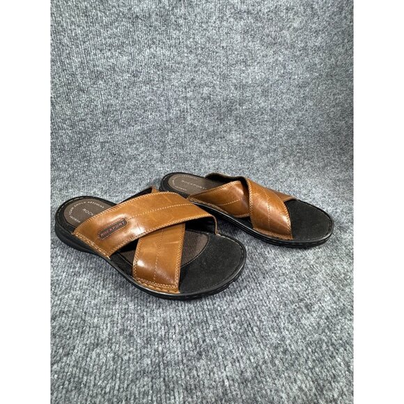 Rockport Mens 9.5W Brown Leather Memory Foam Slide Sandals - Picture 1 of 16